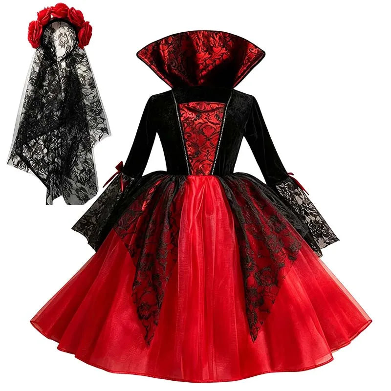 Girls Gothic Vampire Costume – Black & Red Dress or Accessory Sets