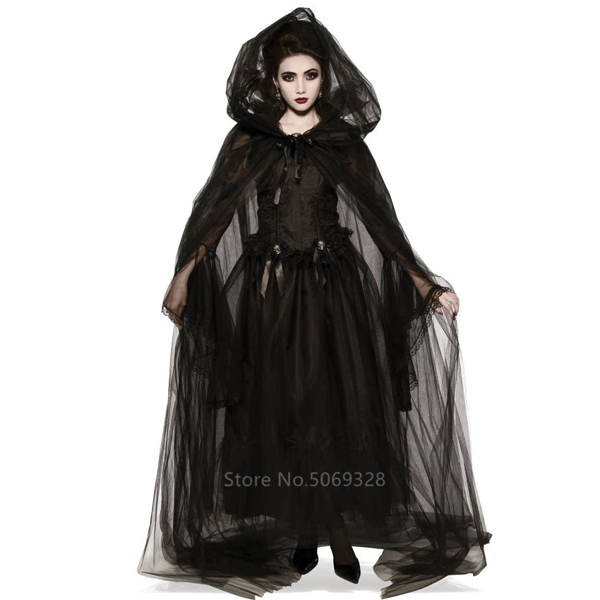 Witch Women Scary Zombie Vampire Halloween Costume Horror Spooky Ghost Sexy Dress+Colak Medieval Hooded Cape Day Of The Dead