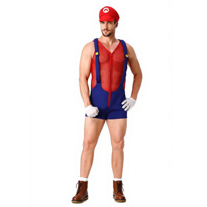 Adult Halloween Anime Cartoon Costume with Hat Sexy Men Red Blue Super Plumber Brother - Green 3 Piece Set / XL