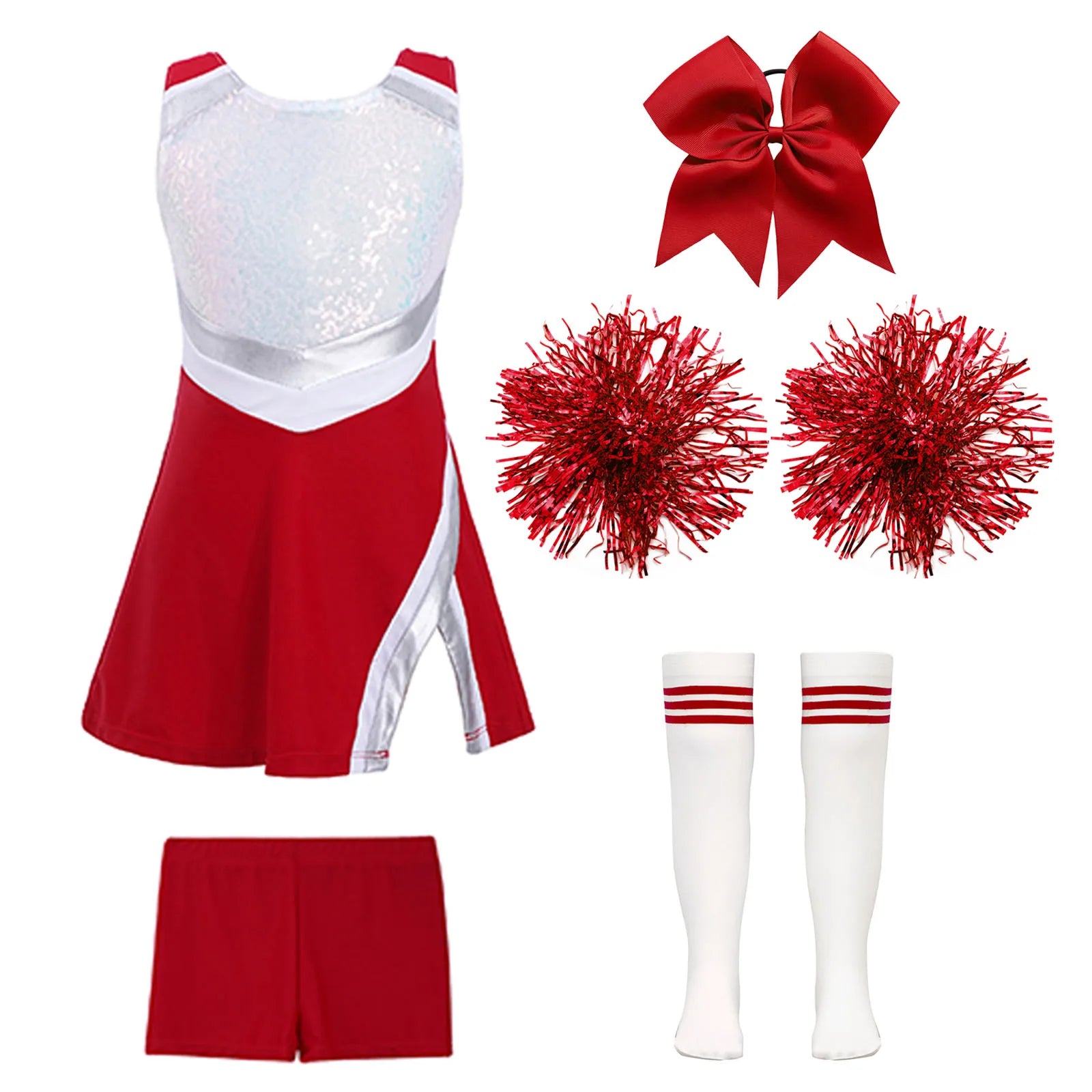 Girls' Cheerleader Costume Uniform with Pom-Poms - A White Black 4