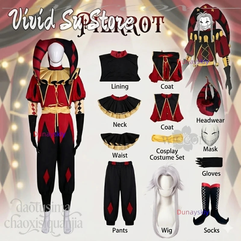 Pierrotot Horror Clown Uniform Suit Big Hat Black Red Retro Suit White Wigs Mask Halloween - mask / L