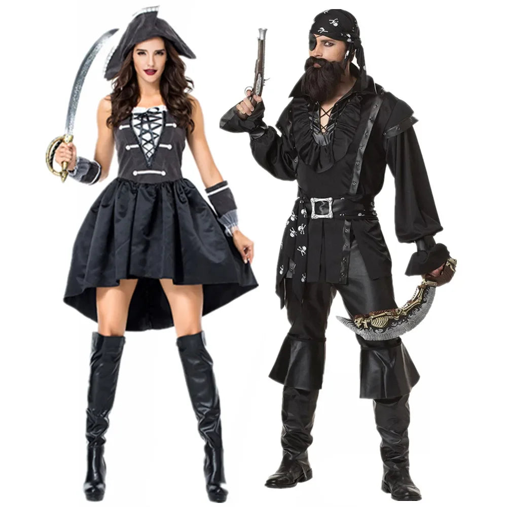 Halloween Medoeval Captain Pirate Costumes Adult Costume for Women Men Couples - women / XXL
