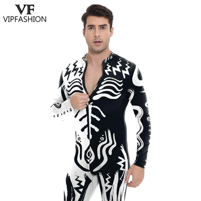 Men's VIP Shaman Eye Art Front Zipper Zentai Bodysuit Catsuit Black White Costume - alternate view 5