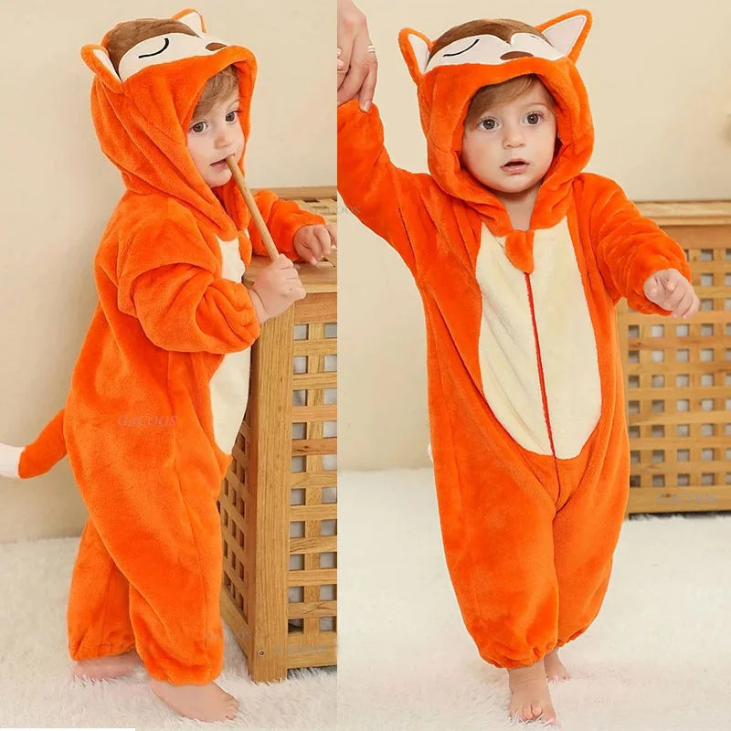 Dinosaur Winter Baby Romper Kigurumi Costume Flannel Hooded Bodysuit Pajamas Animal