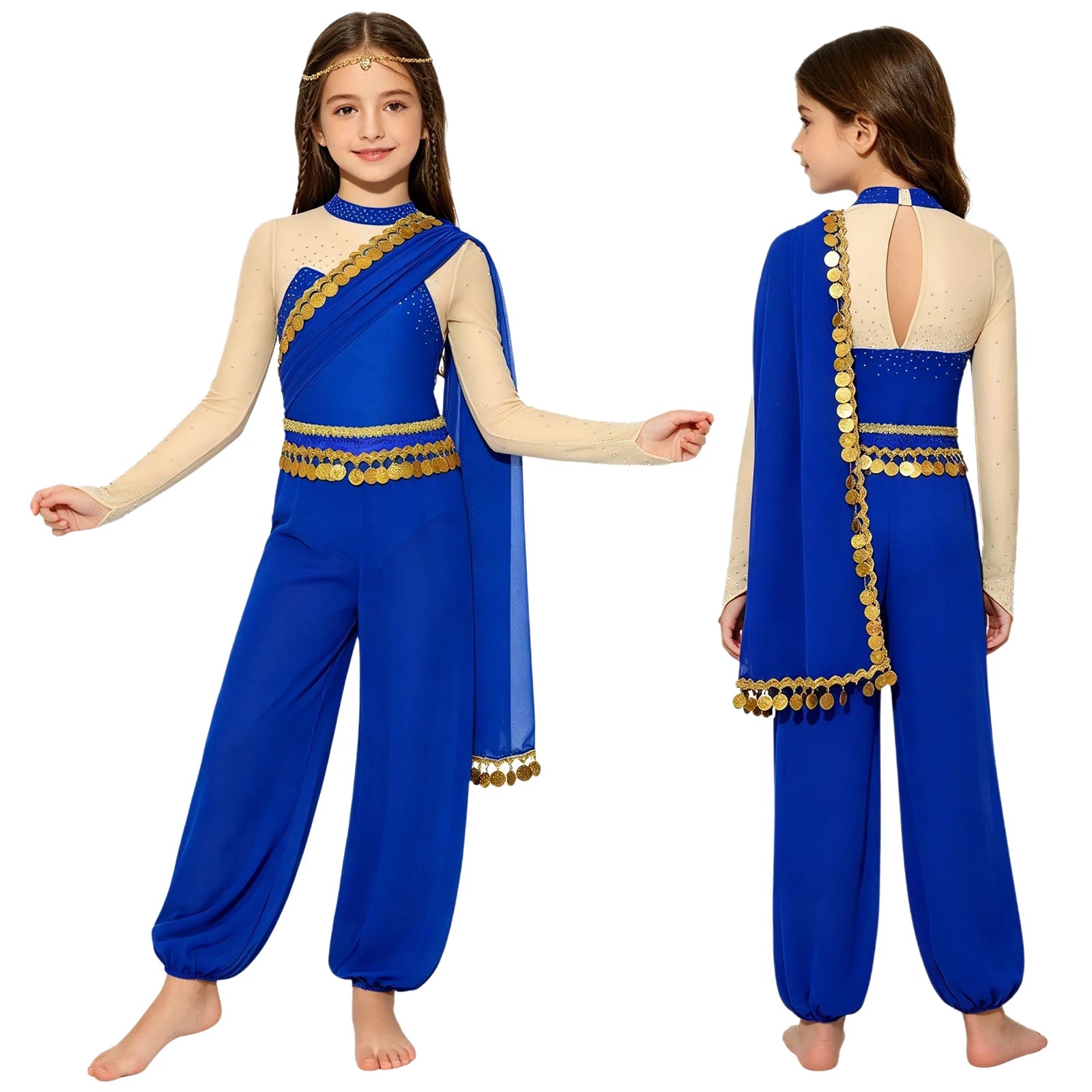 Girls Arabian Princess Belly Dance Outfits Halloween Cosplay Costume Sequins Tassels Rhinestone Jumpsuit Long - product image