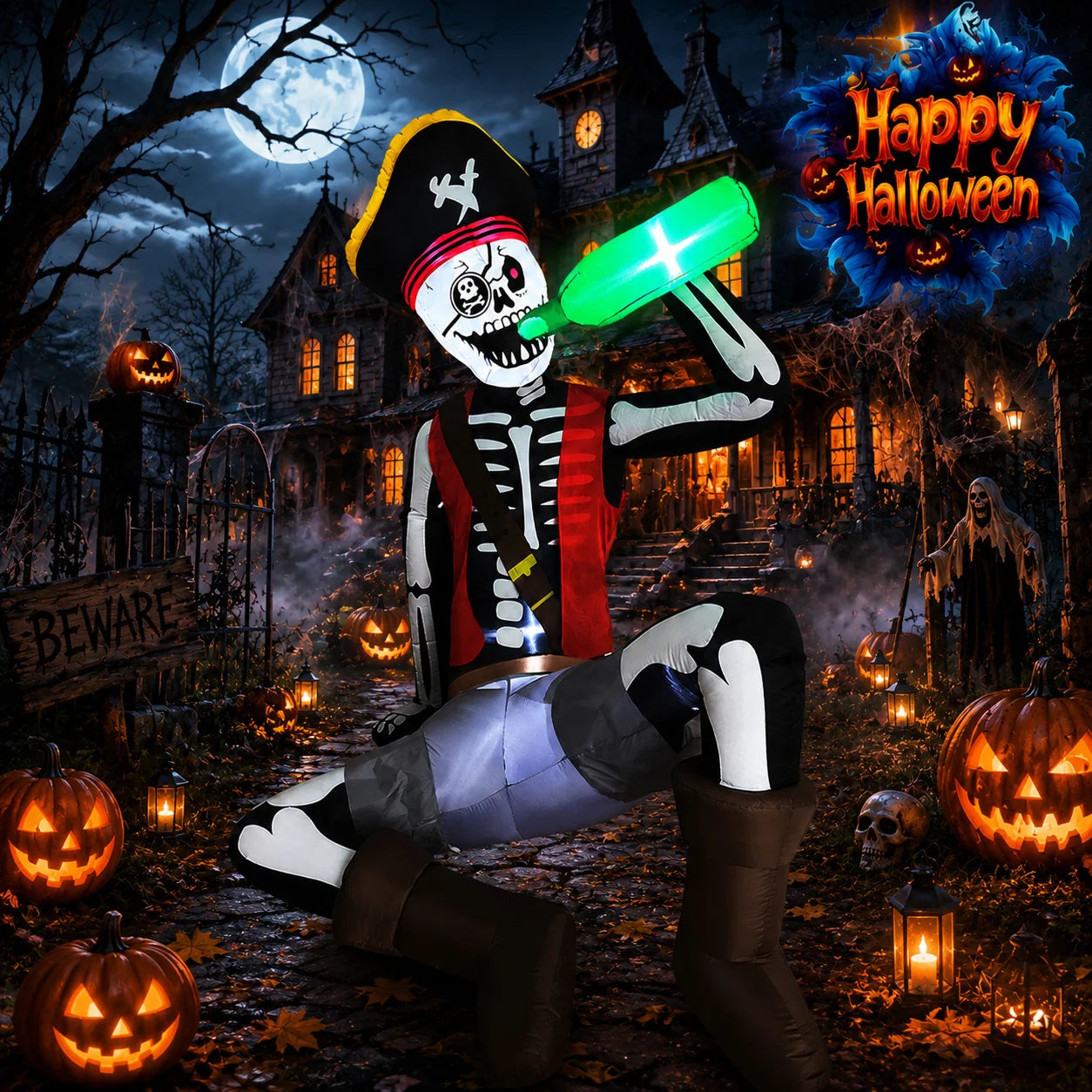 6.5FT Inflatable Decoration, Drinking Skeleton Pirate, Suitable for