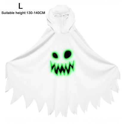 White Black Halloween Costume Ghost Face Design Cape Shawl Luminous Cloak Glow in the Dark - View 12