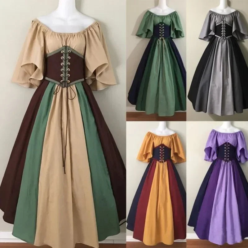 Women's Medieval Retro Contrasting Color Slim Swing Shoulder Costume