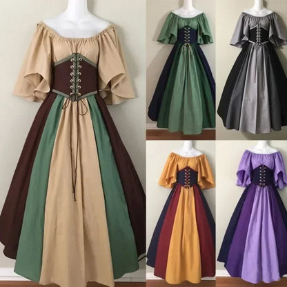 Women's Medieval Retro Contrasting Color Slim Swing Shoulder Costume