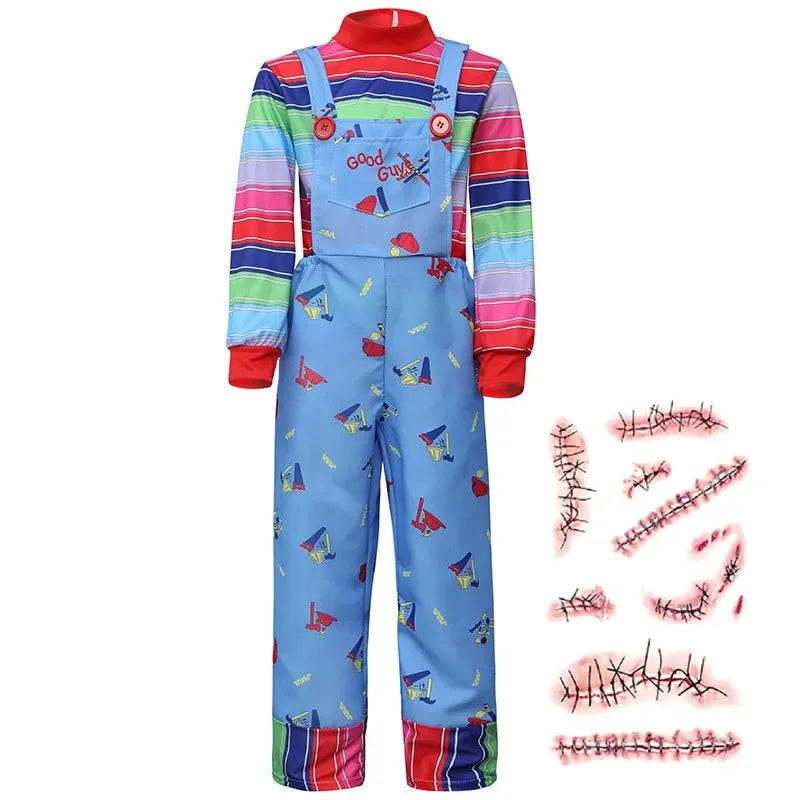 Kids' Chucky-Inspired Halloween Costume with Jumpsuit & Scar Tattoos