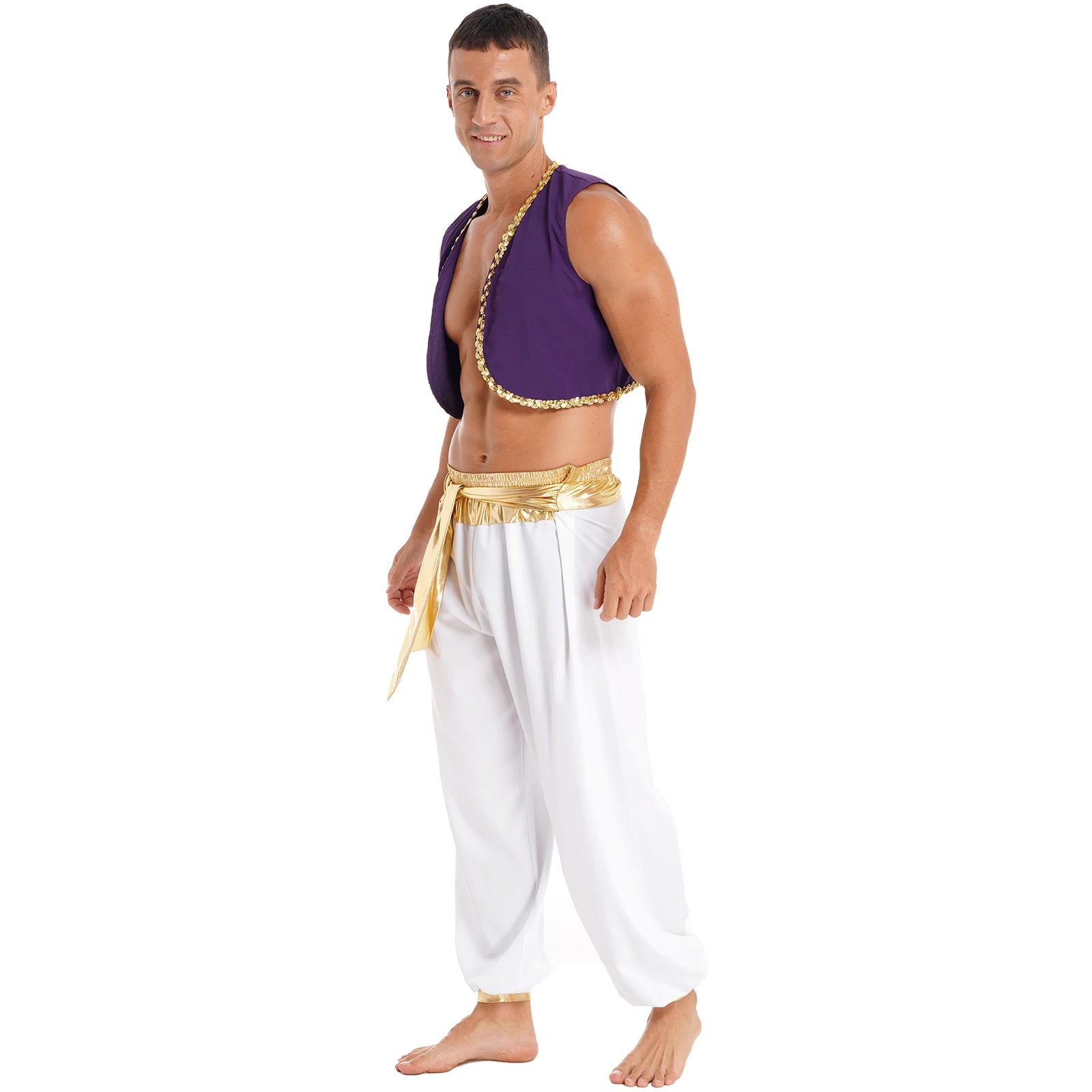 Men's Arabian Prince Mythical Aladdin Sequin Trim Waistcoat Belted Pants Costume - alternate view 3