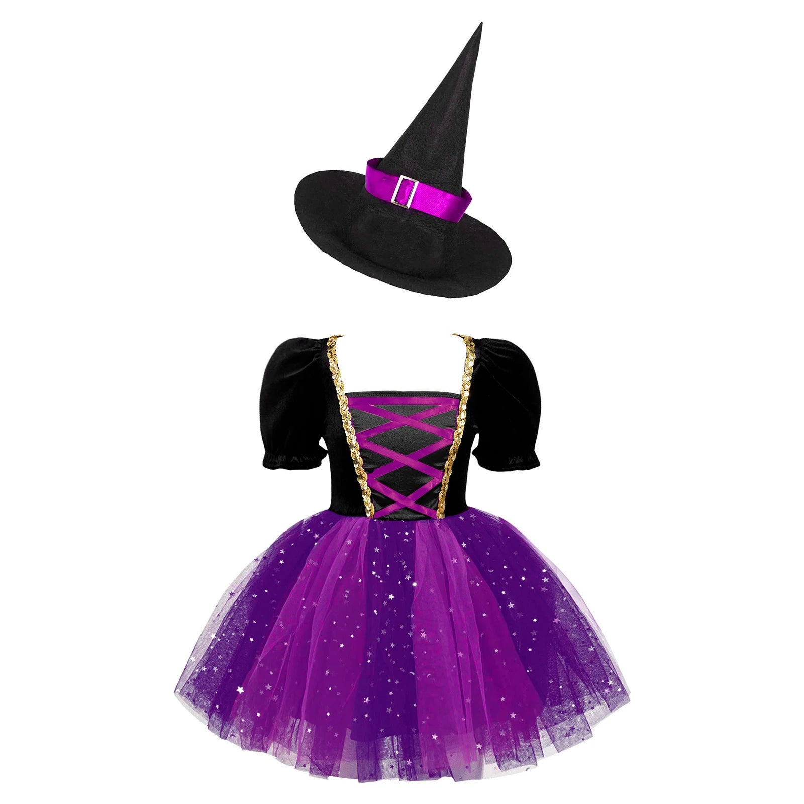 Kids Girls Witch Costume Halloween Cosplay Dress Glittery Mesh Tutu Dress with Pointed Hat for Dress Up - product image 9