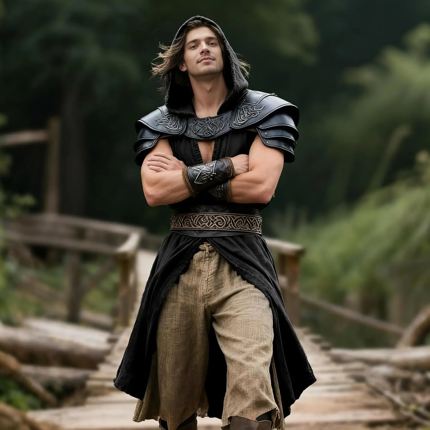 Medieval Costume Men Viking Hooded Sleeveless Surcoat, Mens Renaissance Costume Cloak for Halloween Assassin - product image 5