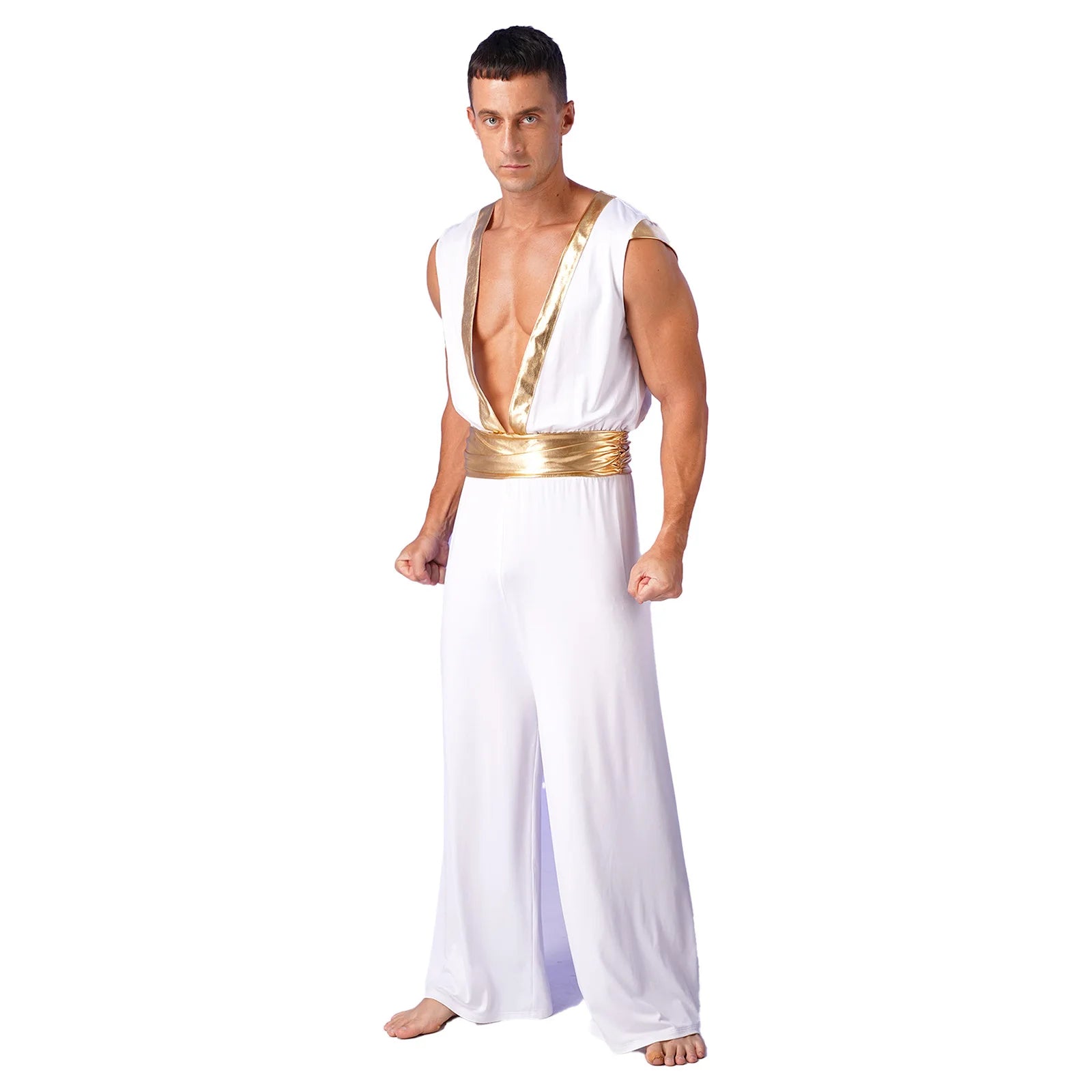 Men's Arabian Prince Sleeveless Deep V Loose Jumpsuit Theme Halloween Costume - Black / XXL