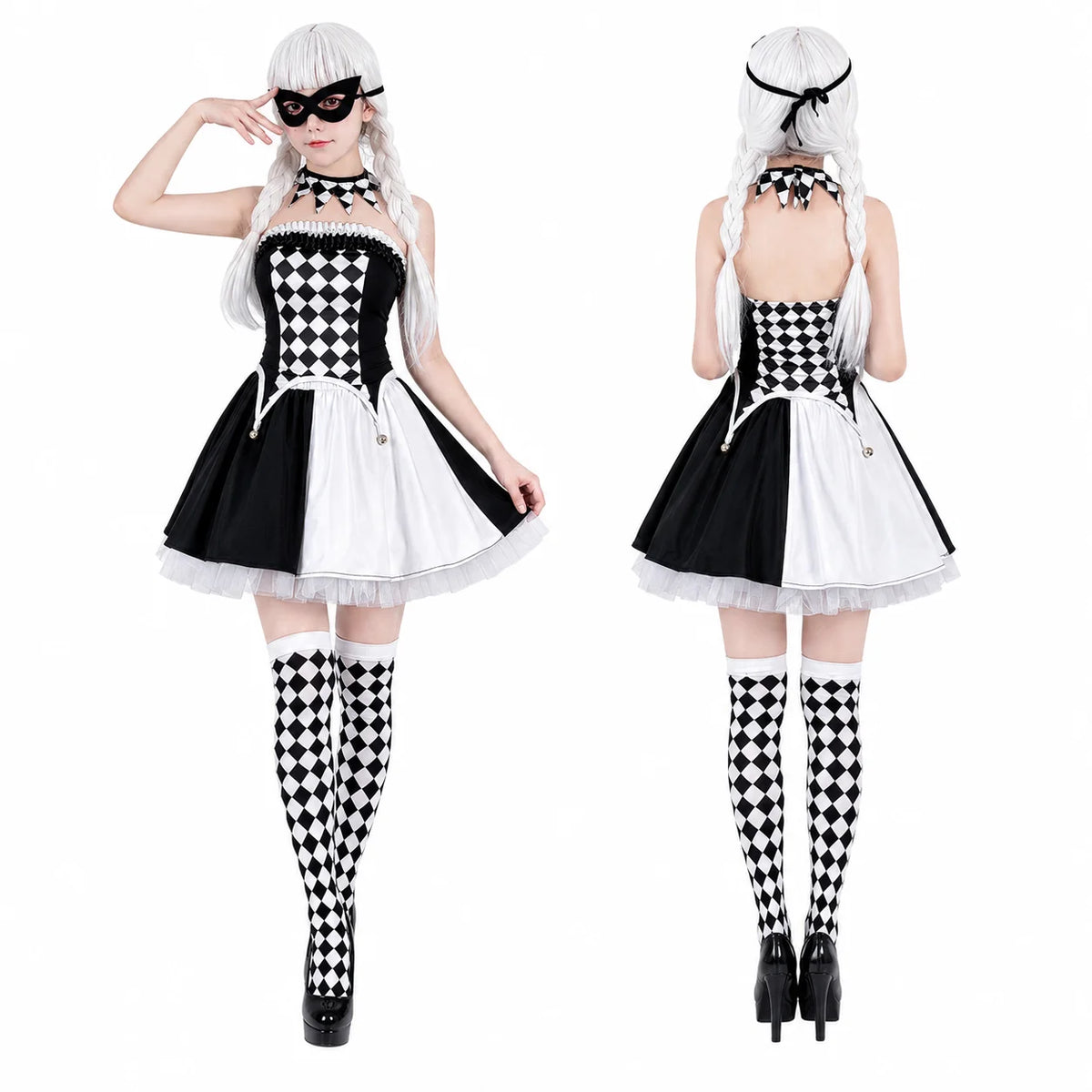 Women's Black & White Harlequin Clown Costume – Dress & Accessories