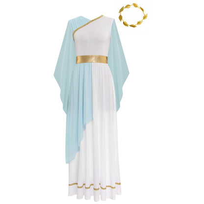 Women's Halloween Greek Beauty Costume Gold Leaves Garland Headwear and Cap Sleeve Ancient - Champagne / M