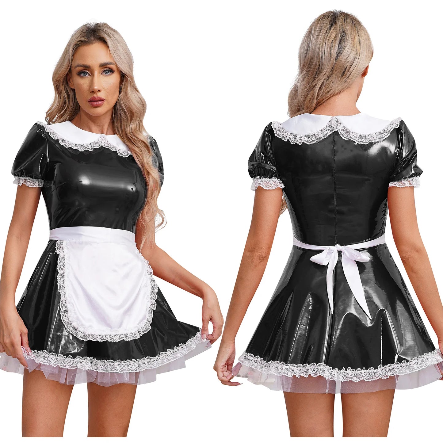 Women's Servants Maid Puff Sleeve Lace Patent Leather Apron Nightwear Costume - alternate view 9