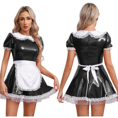 Women's Servants Maid Puff Sleeve Lace Patent Leather Apron Nightwear Costume - alternate view 9