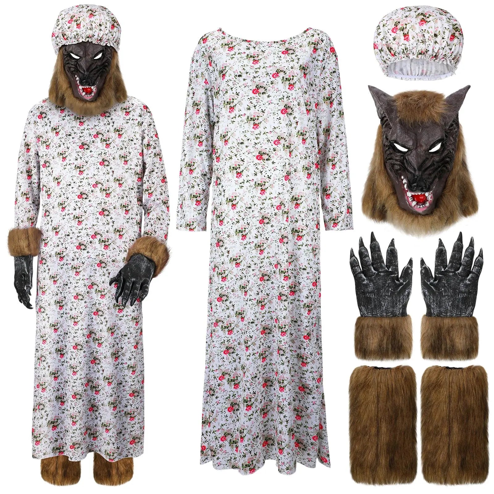 Wolf Granny Costume Set Adult Cosplay Dress Outfit with Hat Wolf Head Mask Gloves Leg Warmers for Christmas