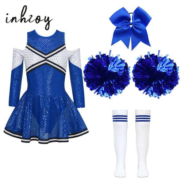 Kids Girls Cheerleader Costume Halloween Cosplay Cheerleading Dance Outfits Sequins Dress with Pom Poms Bow - product image 1