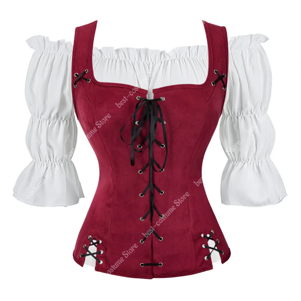 Pirate Costume Women Medieval Vest Costume Plus Size Medieval Blouse Tops 2 Pieces