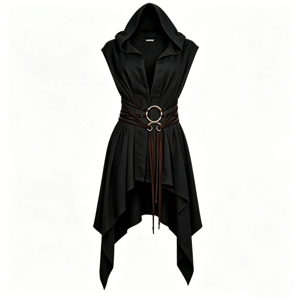 Women Irregular Hem Renaissance Elf Tunic Robe Medieval Ranger Hooded Sleeveless