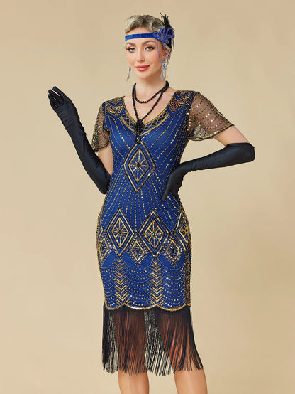Roaring 20s Retro Beaded Tassel Flapper Dress Mid Length Sequined Mesh Sleeve Formal Dress For Wedding Banquet Costume