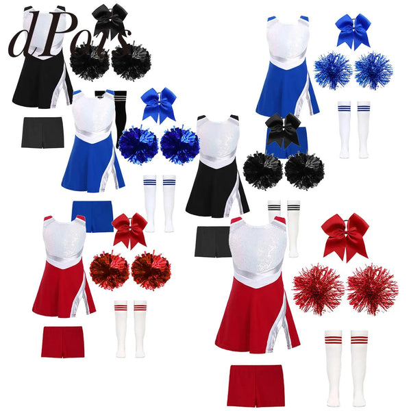 Girls' Cheerleader Costume Uniform with Pom-Poms - A White Black 14