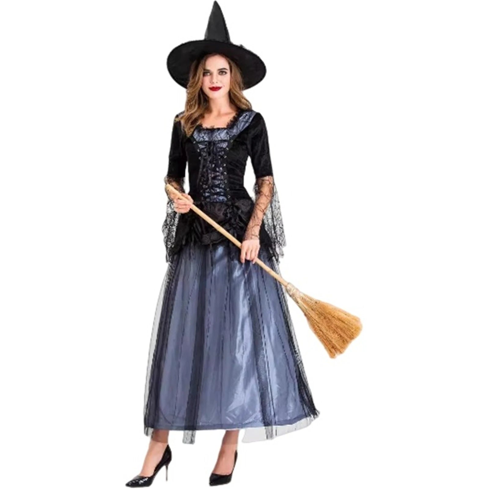 Women's Witch Gothic Lace Mesh Black Hat Uniform Costume - alternate view 5