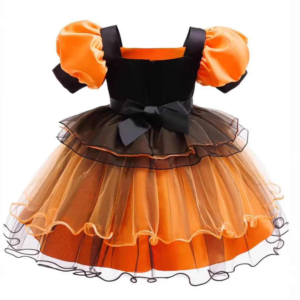 Girls Halloween Witch Costume Puff Sleeve Orange Black Layer Tulle Tutu Dress Kids Pumpkin Cosplay Outfit - product image 2
