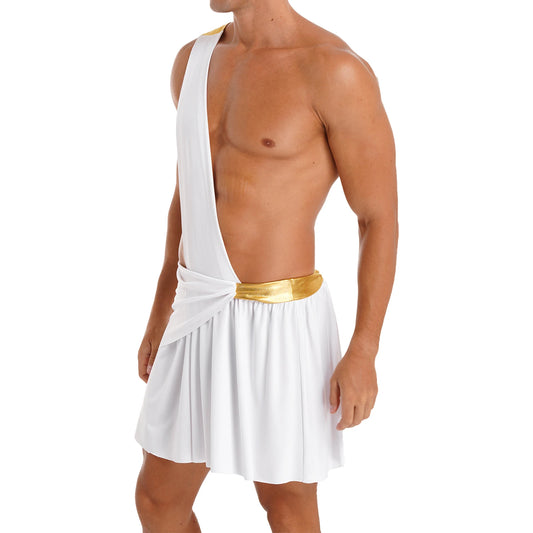 Men's Ancient Greek God Halloween Costume One Shoulder Strap Skirts Knight Warrior - Blue B / 3XL