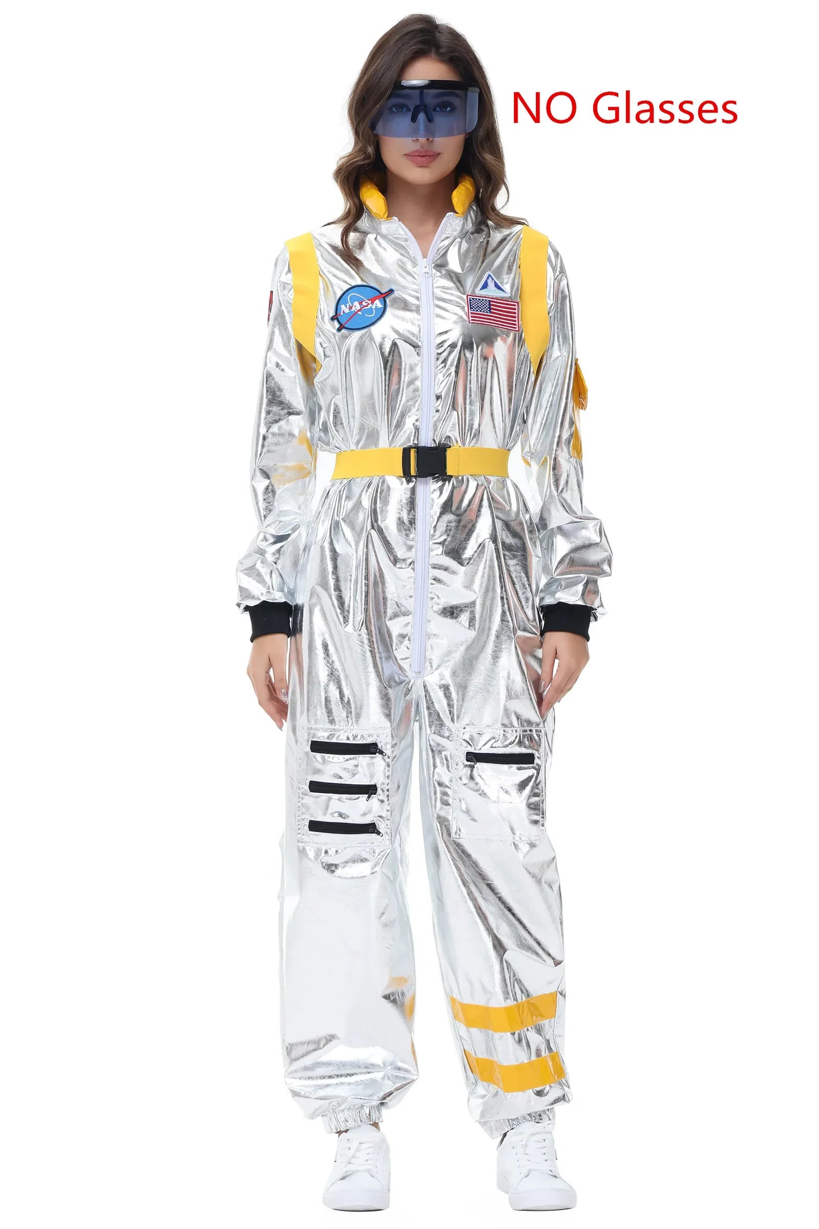 Halloween Silver Spaceman Men Women Space Suit Adult Kids Astronaut Costume Family Dress - A-Women-With Glasses / M