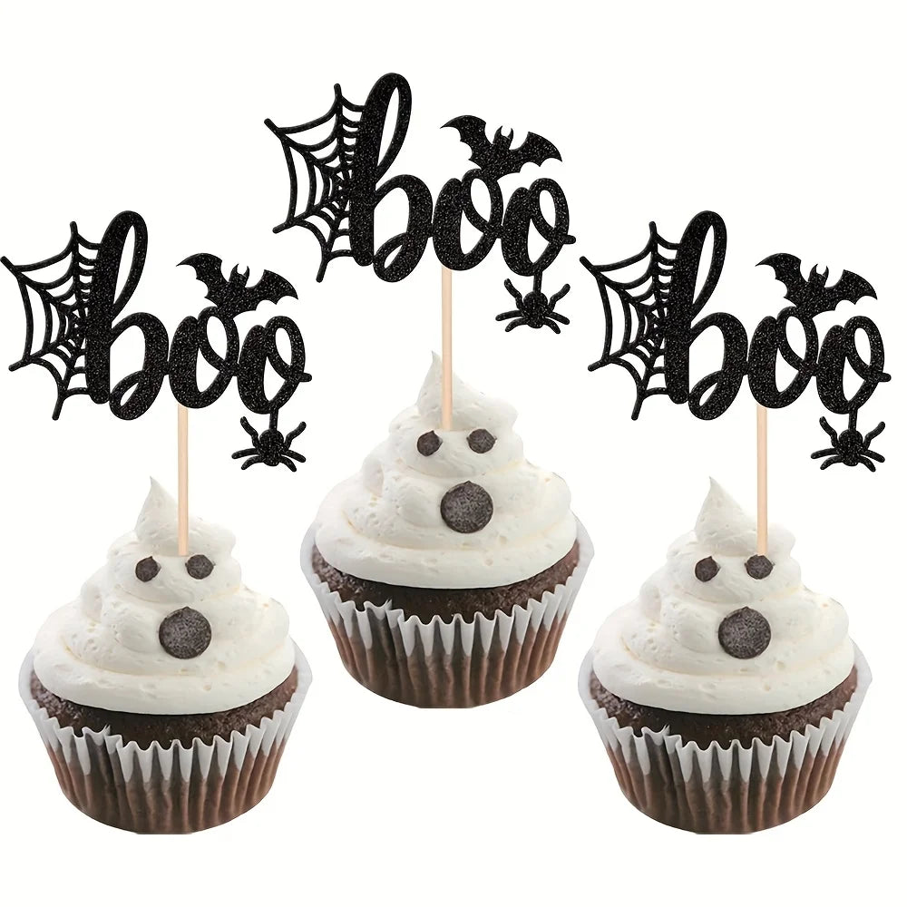 12/24Pcs Halloween Boo Glitter Bat Cupcake Topper Picks Halloween Birthday - product image 1