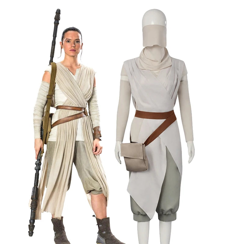 Rey Costume Space Battle Skywalker Outfit Women Jedi Uniform Assassin Mask Bag Costume Set - Set / XS