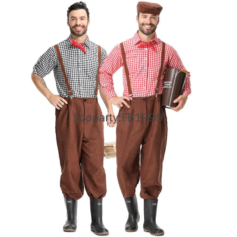 Men's Medieval Colonial Pioneer Farmer Costume Adult Vintage Plaid Shirt Suspenders Pants - B / M