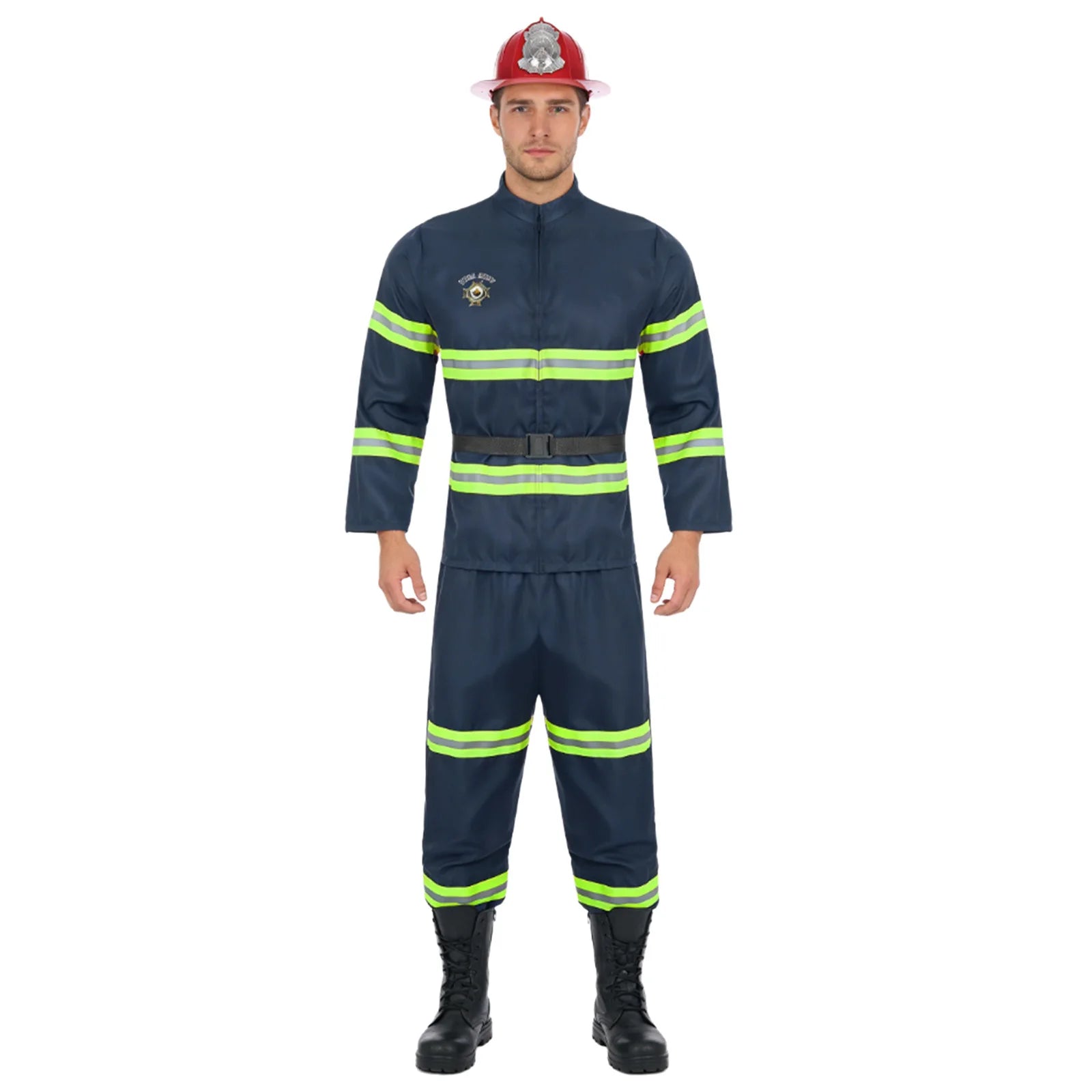 Men's Firefighter Firefighting Heroes Halloween Costume Plastic Helmet Sleeve Fireman - Red / 190