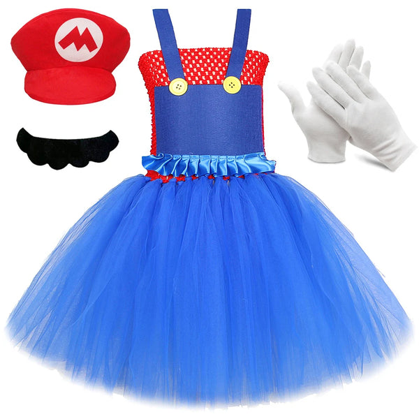 Super Bros Costumes for Girls Birthday Halloween Outft for Kids Cartoon Character Tutu - Hat Beard Gloves Set / 3Y