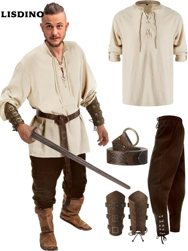 4 Pcs Halloween Men's Renaissance Costume Set Medieval Pirate Shirt Ankle Banded Pants Viking Belt Accessories - product image 1