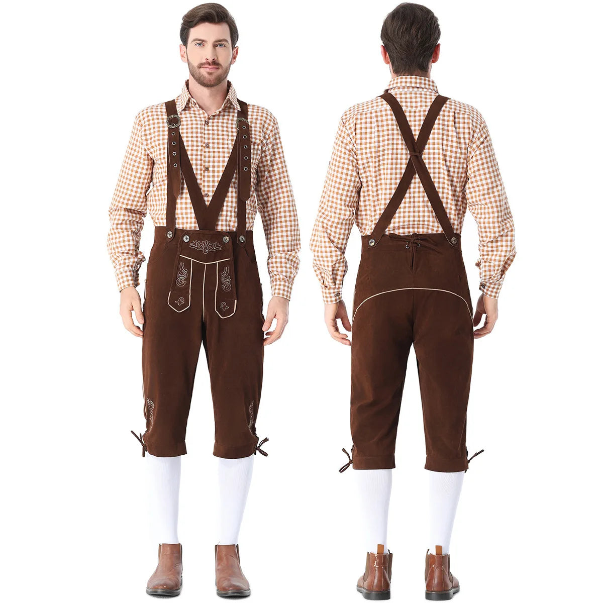Men's Bavarian German Beer Suspenders Short Sleeve Halloween Costume - Grey Hat / S