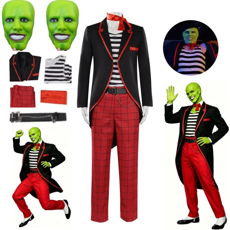 The Mask Costume Stanley Ipkiss Horror Clown Black Tuxedo Suit Jim Carrey Mask Outfit - Wig and Costume / XXXL