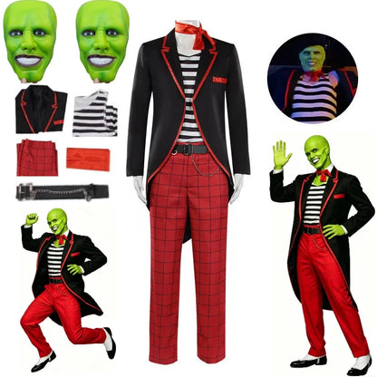 The Mask Costume Stanley Ipkiss Horror Clown Black Tuxedo Suit Jim Carrey Mask Outfit - Wig and Costume / XXXL