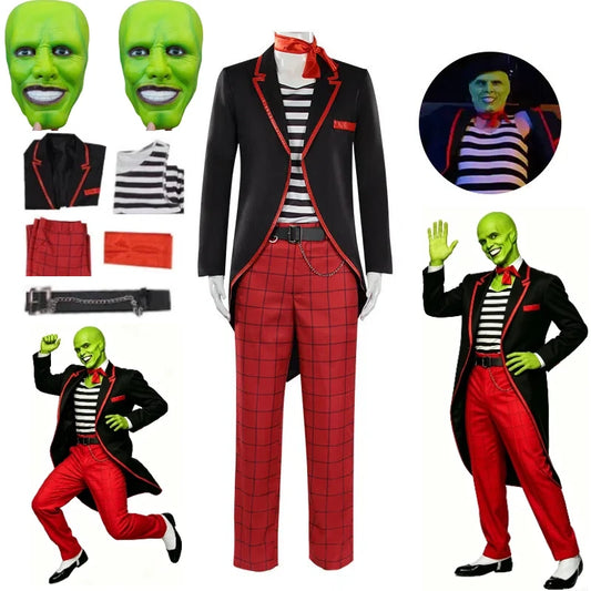 The Mask Costume Stanley Ipkiss Horror Clown Black Tuxedo Suit Jim Carrey Mask Outfit - Wig and Costume / XXXL