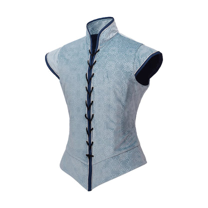 Men's Medieval Renaissance Tudor Elizabethan Vest Colonial Blue Brocade Costume - alternate view 2