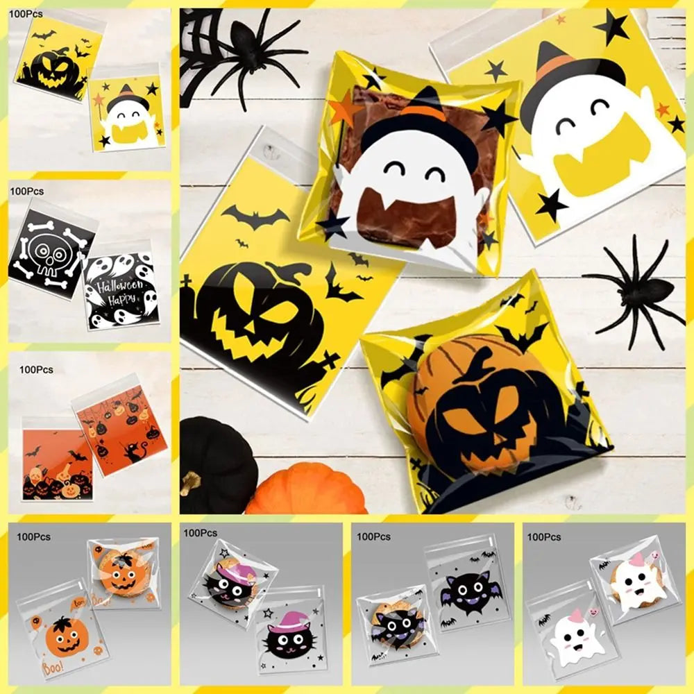 100Pcs Plastic Halloween Candy Bags Self-adhesive Clear Trick or Treat Bags Ghost Halloween Series Candy - product image 1