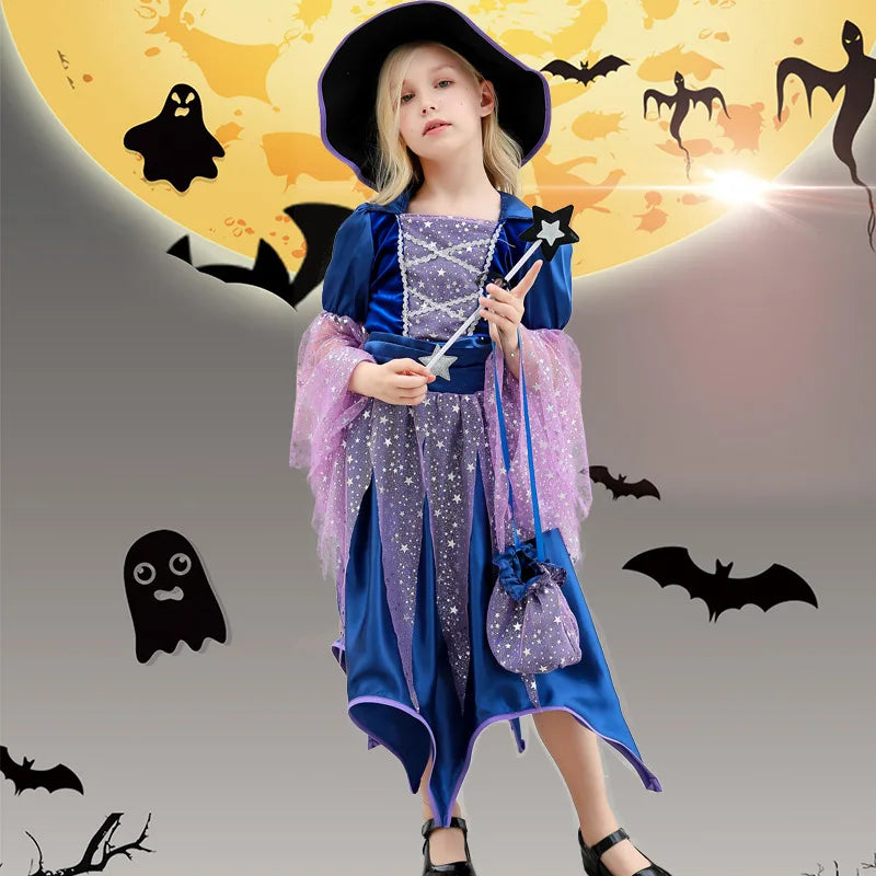 Halloween Blue Witch Costume for Girls with Witch Hat Wand Bag Accessory Set 2-12T Girl Party Dress Vestidos - product image 3