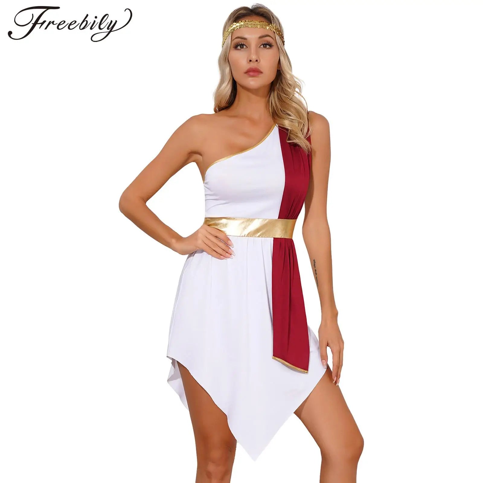 Women Halloween Ancient Greek Roman Athena Goddes Costume Toga Robe with Headband - Yellow / XXL