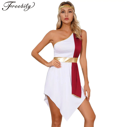 Women Halloween Ancient Greek Roman Athena Goddes Costume Toga Robe with Headband - Yellow / XXL