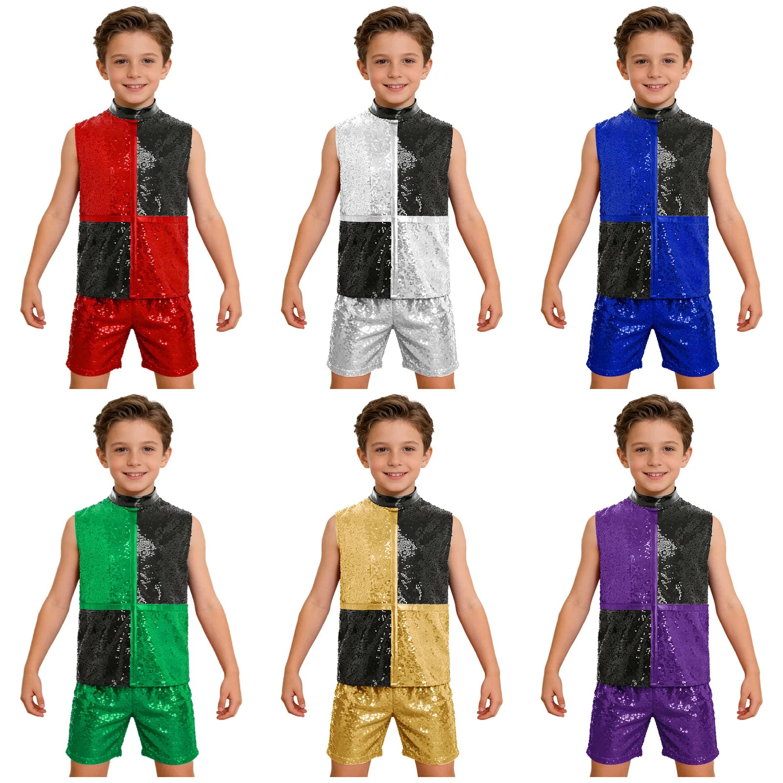Kids Boys Hip Hop Dance Outfit Sequins Dance Top and Shorts Set Halloween Clown Costume - Red / 6
