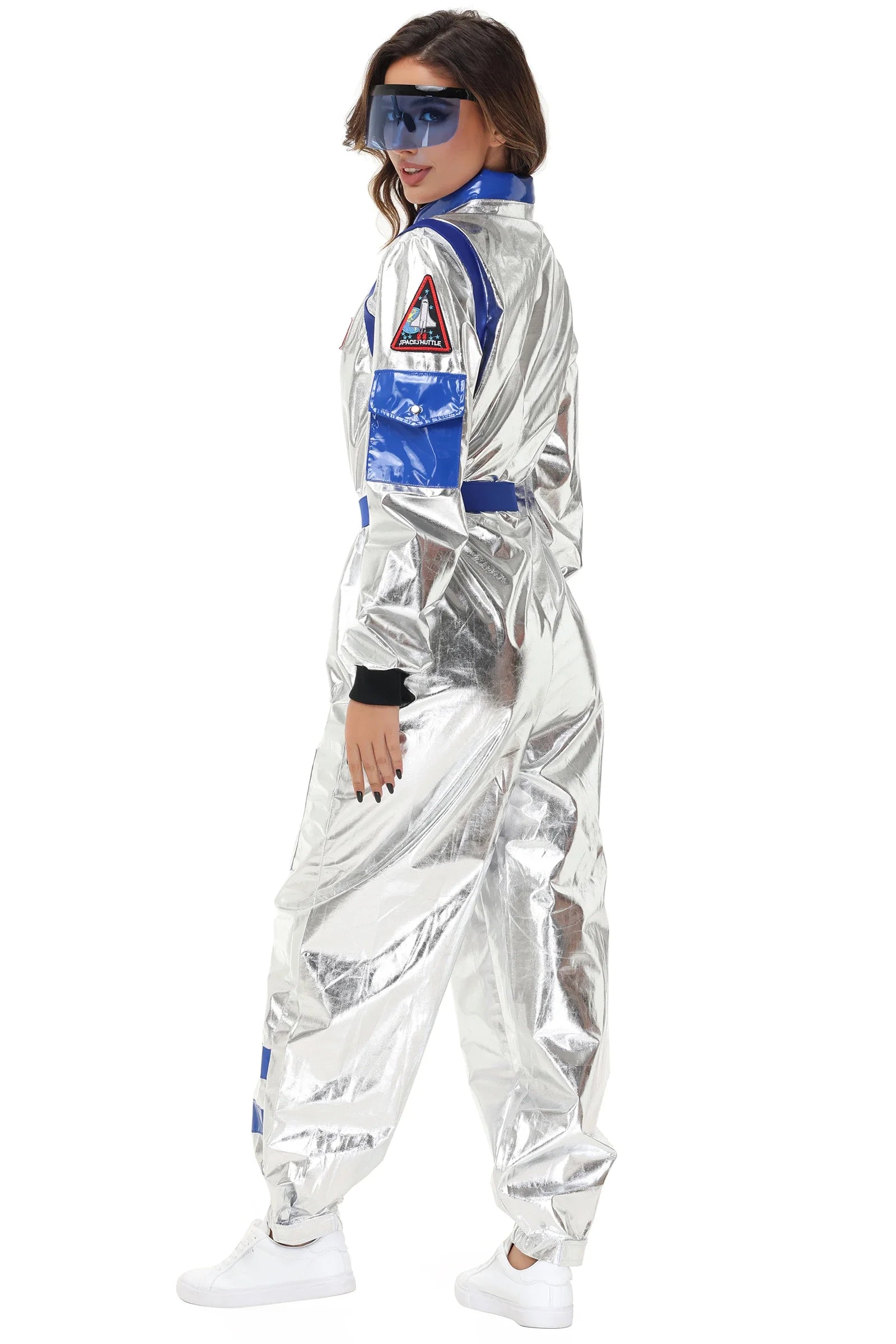 Halloween Silver Spaceman Men Women Space Suit Adult Kids Astronaut Costume Family Dress - B-Men (With Glasses) / L