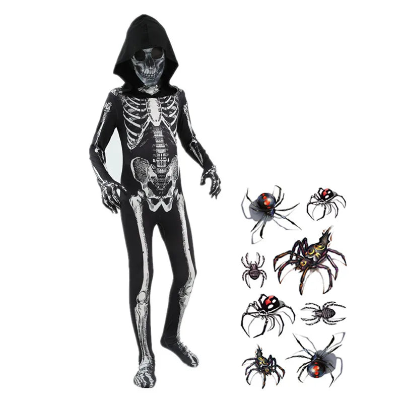 Scary Halloween Horror Kids Hooded Costume Scary Skeleton Grim Reaper Costume Boys Spooky - 01 / 120